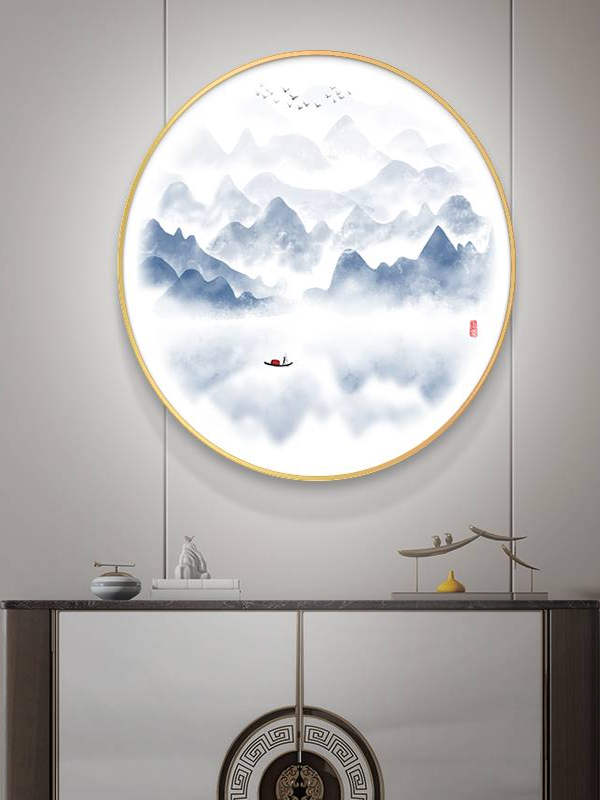 现代轻奢客厅进门背景墙圆形带灯山水画玄关画晶瓷装饰画过道挂画图片