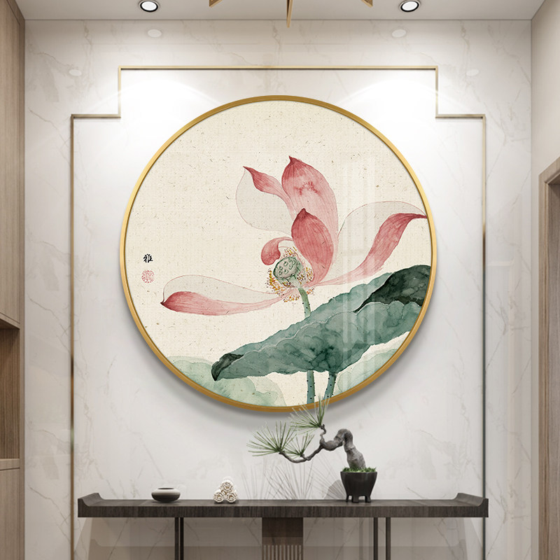 新中式入户玄关晶瓷画茶室禅意荷花装饰画餐厅客厅背景墙圆形挂画