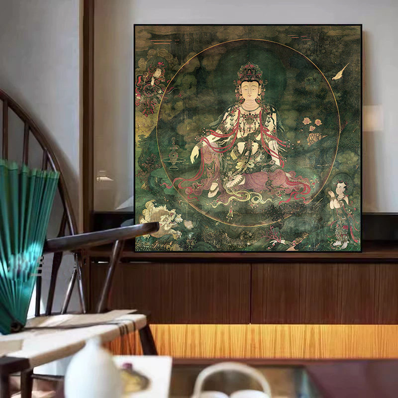 水月观音摆件装饰画文殊普贤菩萨佛像挂画唐卡玄关佛系佛堂壁画框
