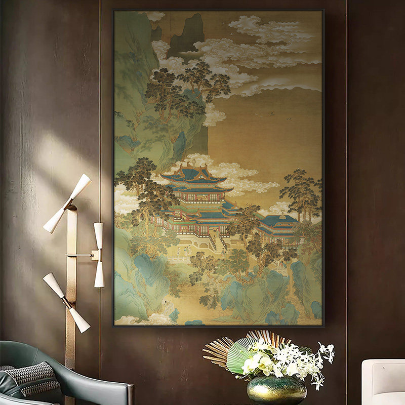 新中式玄关装饰画客厅书房茶室楼阁挂画走廊过道楼梯间古典墙壁画