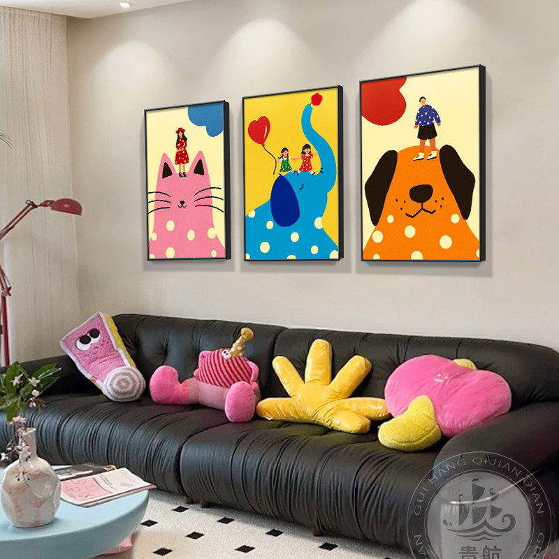 抽象一家三口客厅装饰挂画多巴胺ins可爱卡通沙发背景墙艺术壁画