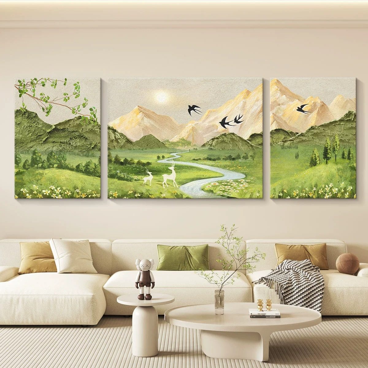 奶油风轻奢客厅装饰画风景山水沙发背景墙挂画简约现代高级感壁画