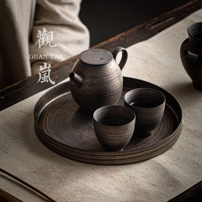 速发陶瓷壶承陶瓷干泡台手工茶盘复古壶托中式托盘茶具茶托鎏金小