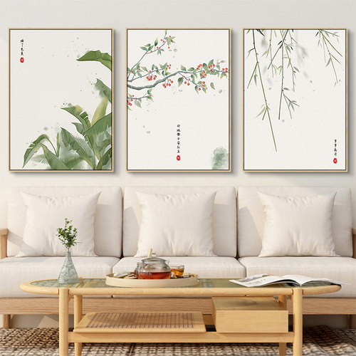 中国风沙发背景墙挂画新中式客厅装饰画花鸟寓意茶室日式三联壁画