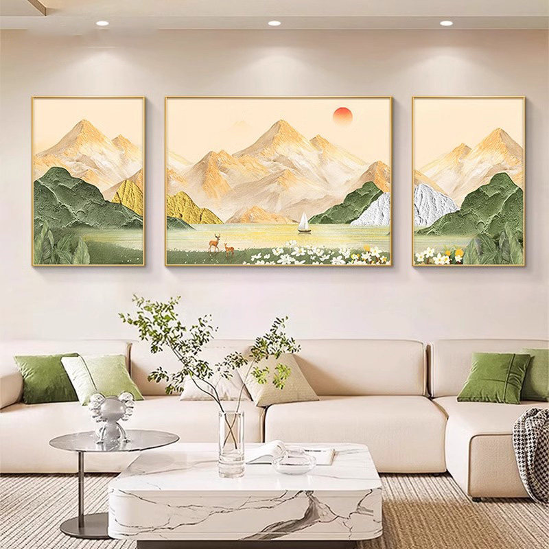 日照金山客厅装饰画2026新款沙发背景墙挂画山水风景油画三联壁画