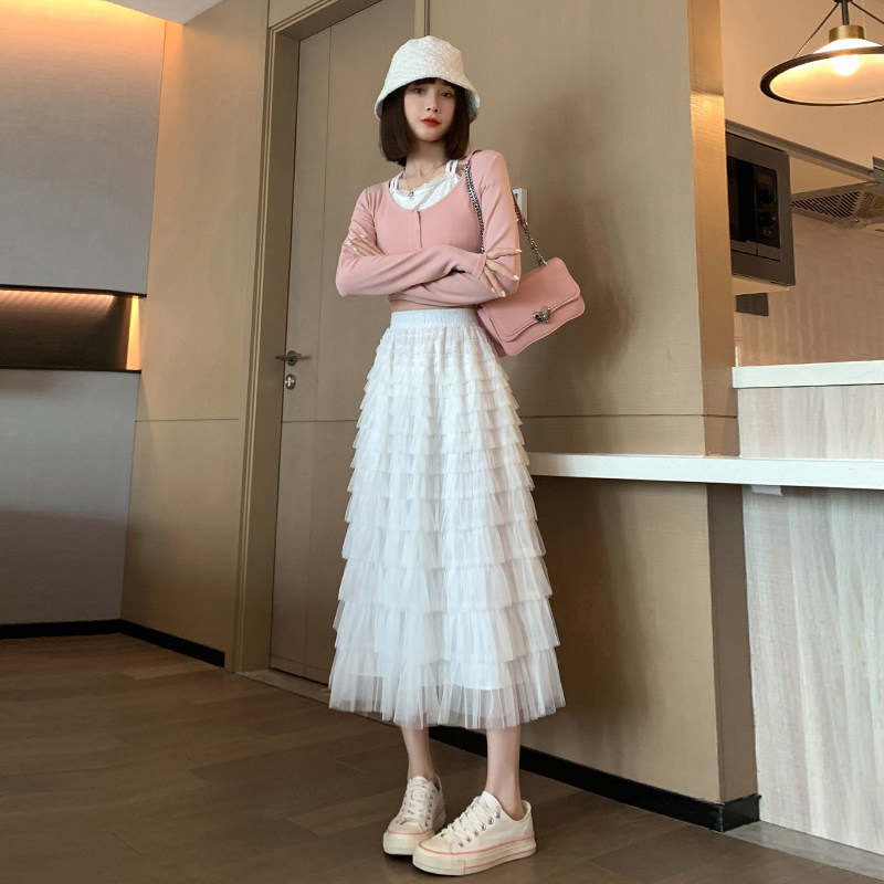蛋糕裙长款白色半身裙女春秋2026新款高端仙女网纱长裙蓬蓬裙纱裙