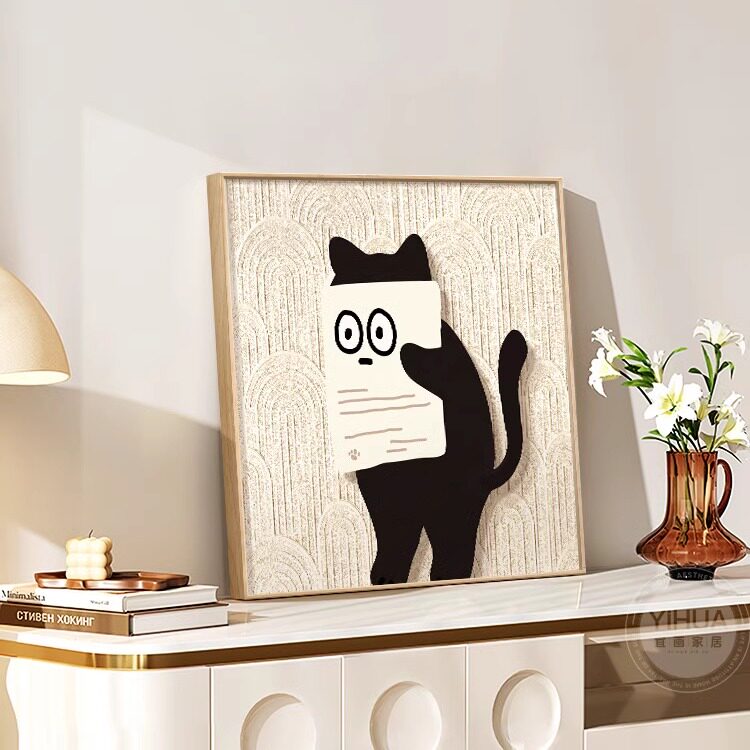 北欧ins风猫咪装饰画奶油系客厅卧室挂画原木风动物餐厅边柜摆画