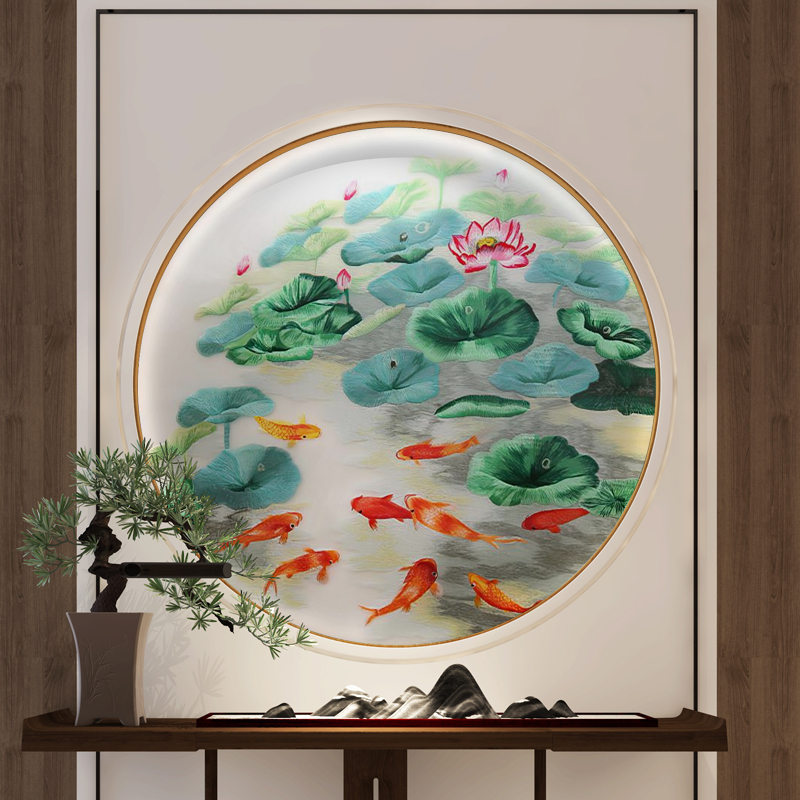 九鱼图圆形玄关装饰画进门走廊过道客厅餐厅背景墙壁画画芯壁纸3d图片