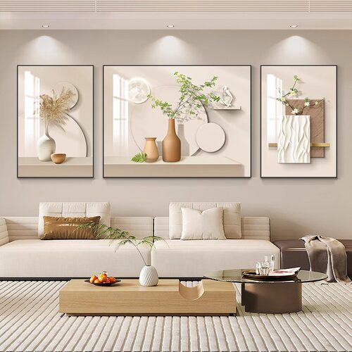 奶油风小清新客厅装饰画绿植高级沙发背景墙壁画现代简约三联挂画