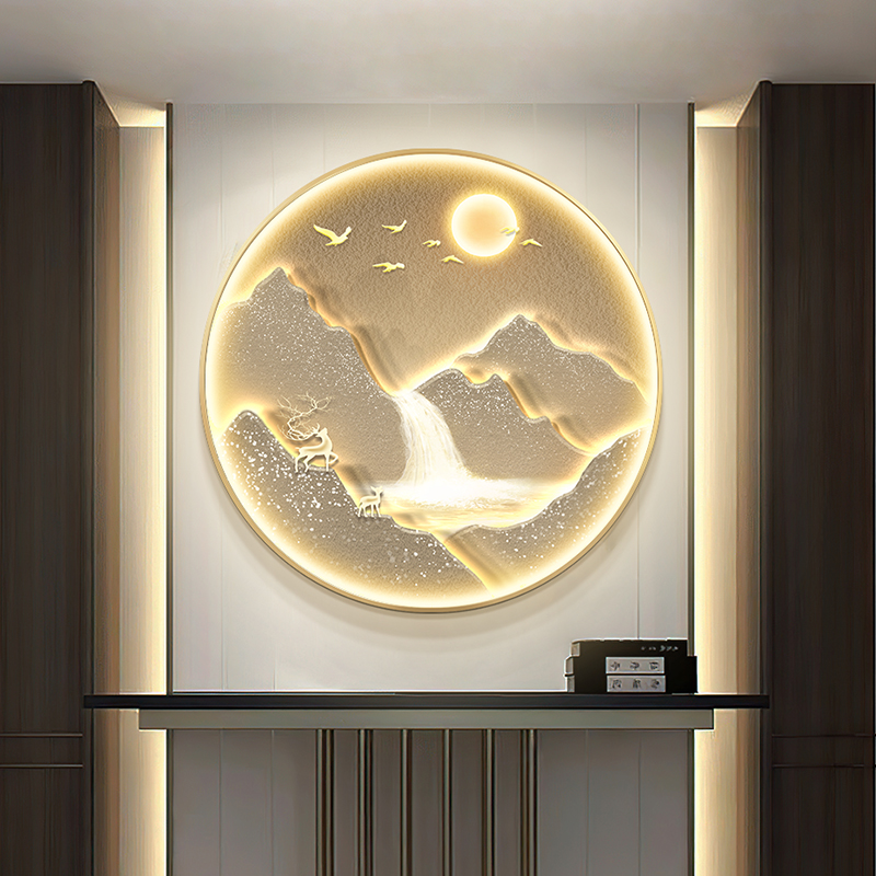 背靠金山入户玄关装饰画画圆形LED灯画画高级感福鹿饭厅挂画画走图片