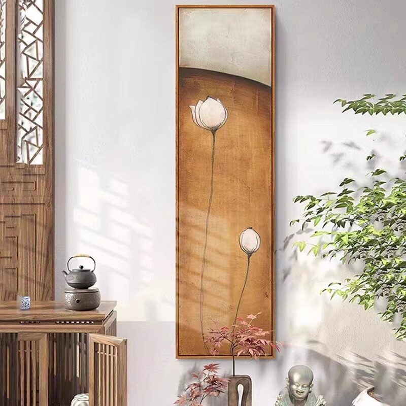 原木风玄关装饰画新中式走廊茶室背景墙禅意壁画日式荷花竖版挂画