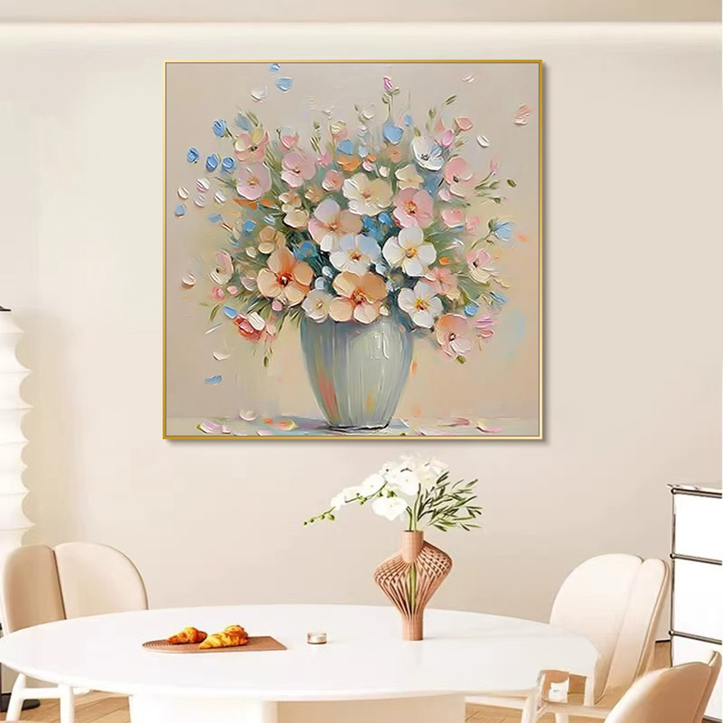 纯手绘油画奶油风餐厅花卉挂画轻奢卧室床头墙壁画现代客厅装饰画