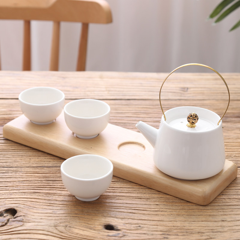 速发茶具套装提梁壶功夫小套日式陶瓷家用送礼旅行简约白色小茶壶