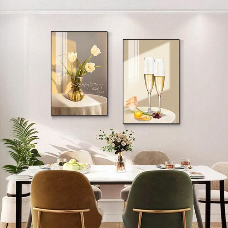 现代简约餐厅装饰画轻奢酒杯花卉饭厅挂画客厅餐桌壁画饭桌两联画