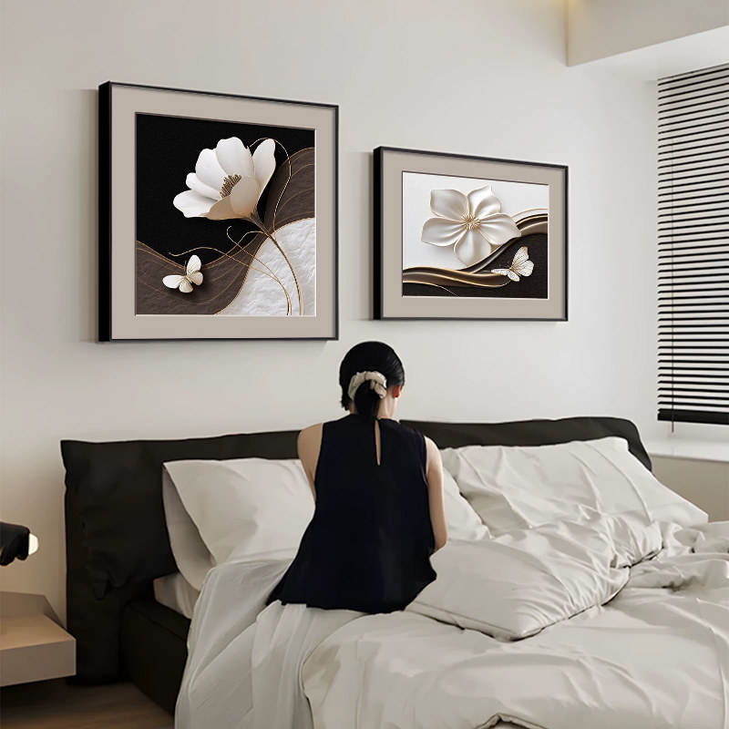 石来运转卧室床头装饰画高级感花卉主卧房间挂画简约餐厅两联壁画