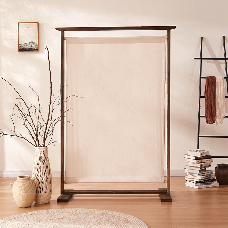 中式实木亚麻屏风入户隔断客厅摆件遮挡做旧覆古简约民俗布艺座屏