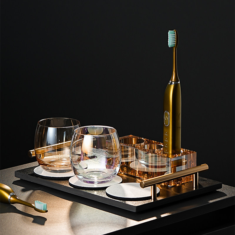 高级水晶牙刷置物架洗手台岩板轻奢金手柄托盘漱口杯牙具收纳套装