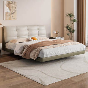 大小戶型實木軟包婚床 真皮床懸浮拼色極簡主臥大床侘寂風輕奢意式