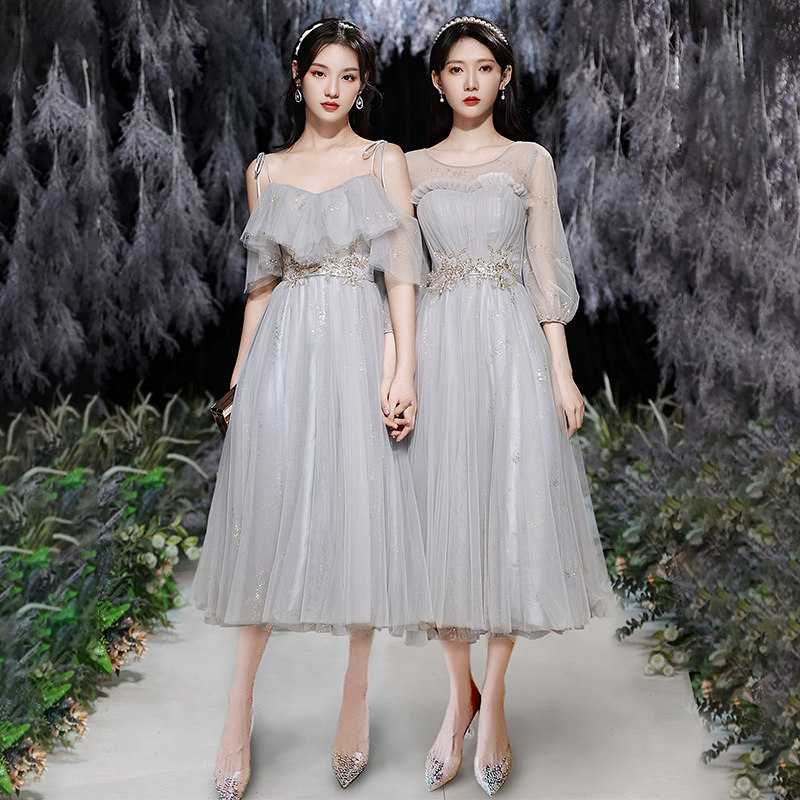 速发灰色姐妹团伴娘服2026新款夏季平时可穿毕业气质主持人女晚礼