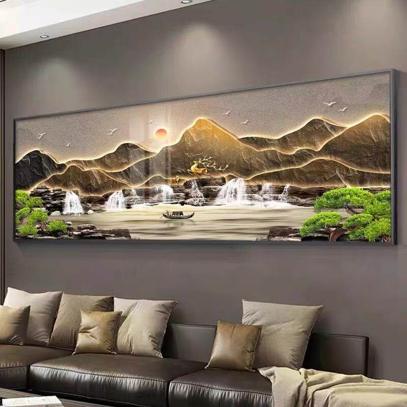 流水生财横版客厅装饰画新中式中堂沙发背景墙挂画山水画茶室壁画