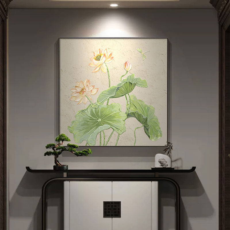 荷花装饰画新中式肌理感入户门正对墙挂画现代方形餐厅壁画寓意好