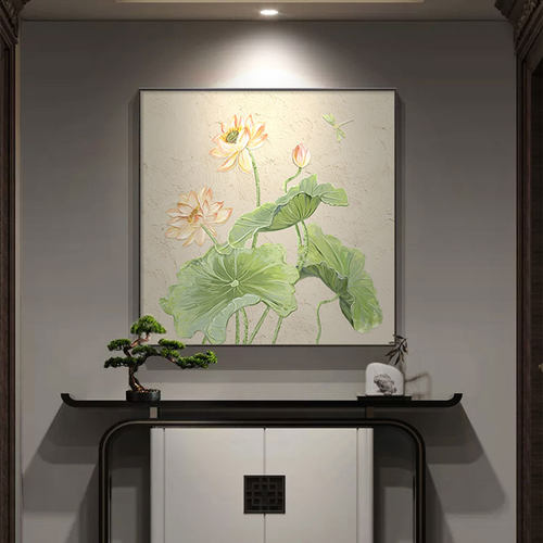 荷花装饰画新中式肌理感入户门正对墙挂画现代方形餐厅壁画寓意好
