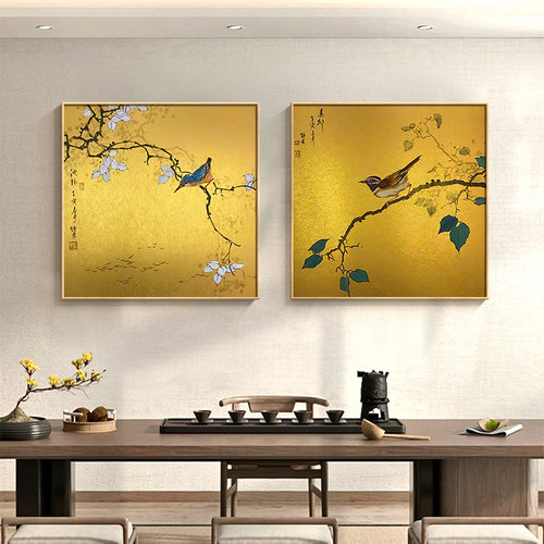 中式中国风茶室挂画书房装饰画花鸟客厅茶文化禅意壁画茶馆方形画