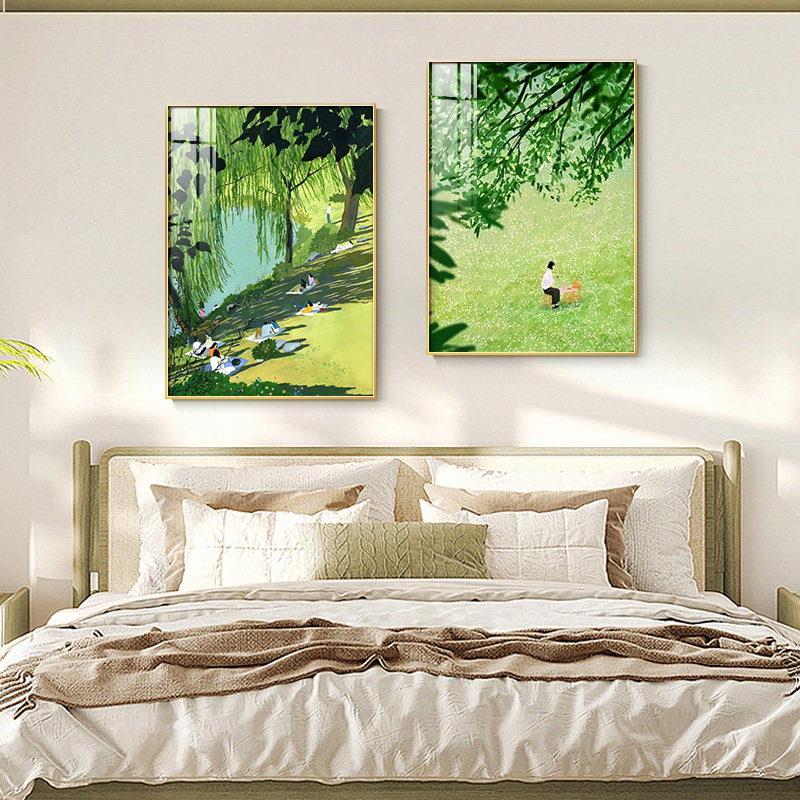 现代简约卧室装饰画自然风景床头画治愈绿色房间画主卧背景墙壁画