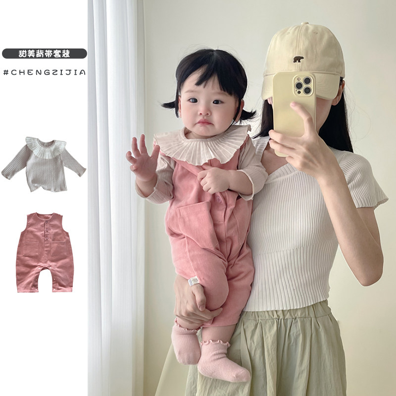 速发女宝宝春长袖T恤连体衣套装婴幼儿背带裤女童洋气爬服