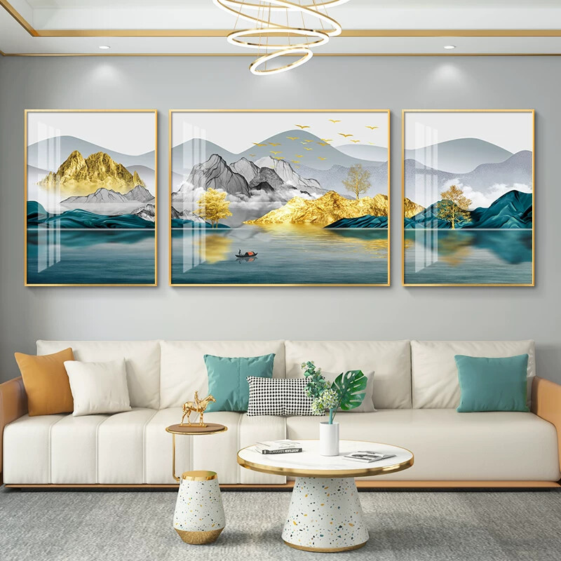 客厅装饰画轻奢沙发背景墙挂画简约现代山水画三联壁画墙画高级感