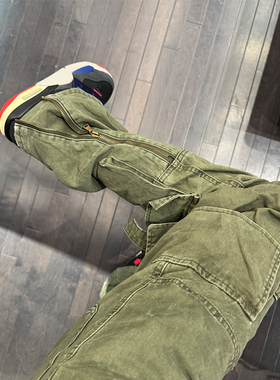 军绿色美式复古拉链工装牛仔裤男款潮牌高街重工多口袋裤子阔腿裤