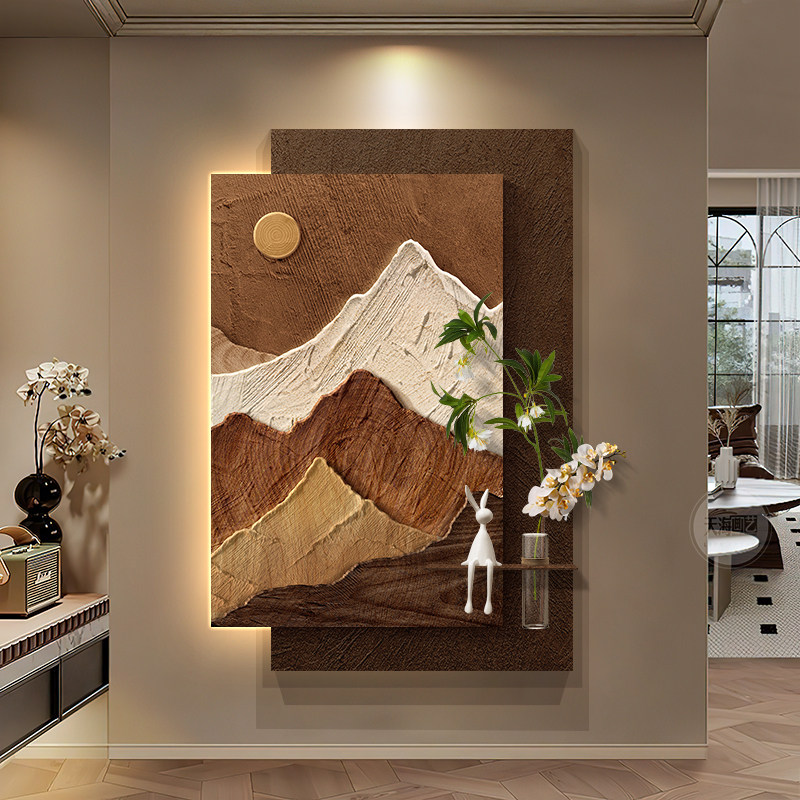 中古风水培绿植入户玄关装饰画背有靠山走廊挂画立体砂岩带灯壁画图片