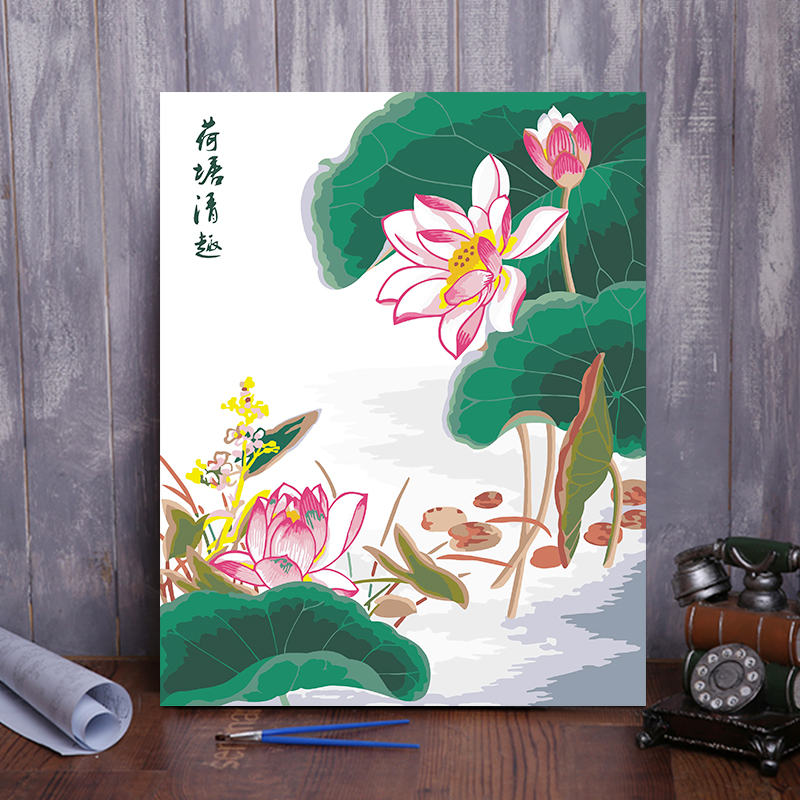 荷塘清趣数字油画diy花卉植物手绘填色风景装饰壁画数码油画荷花图片