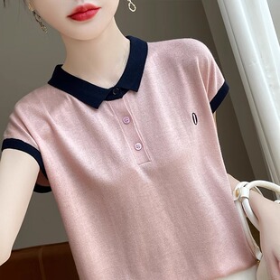女T恤夏精纺连肩小飞袖 撞色翻领针织短袖 显瘦POLO领刺绣显瘦上衣