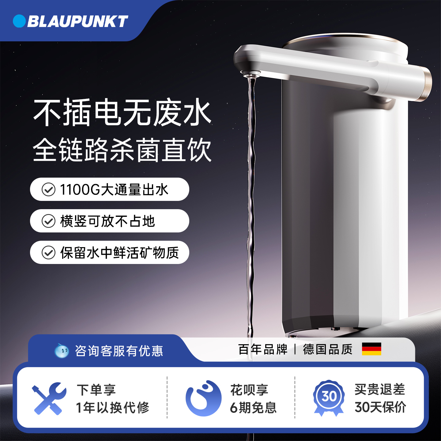 BLAUPUNKT/蓝宝净水器家用直饮厨房自来水台上免插电过滤器直饮机