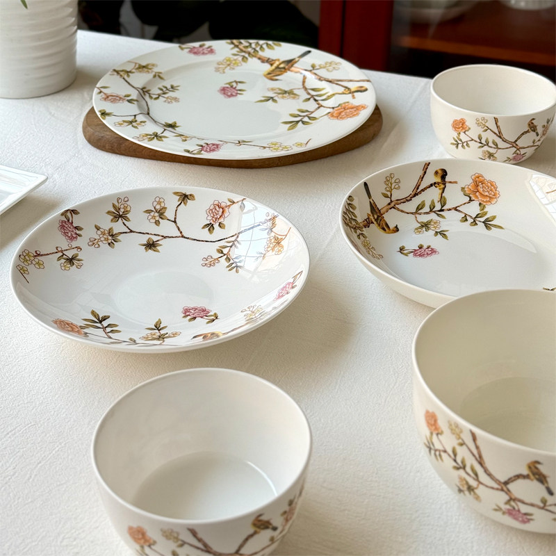 速发北府 新中式晨风骨瓷盘碗汤盘菜盘干果盘摆盘花鸟陶瓷餐具可
