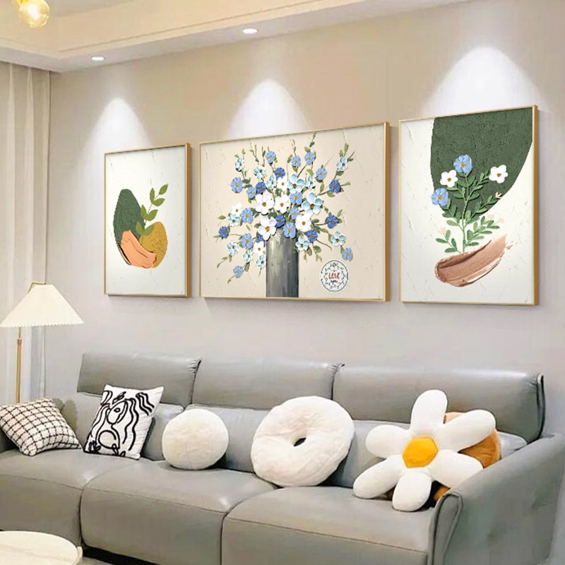 大芬村油画客厅装饰画高级感三联画奶油风花卉挂画沙发背景墙壁画