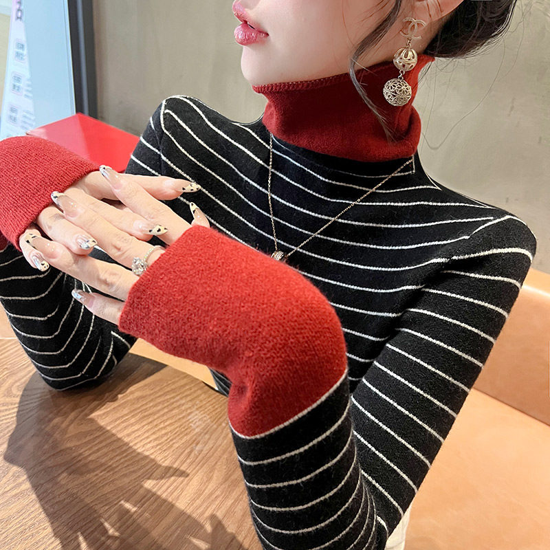 速发条纹高领毛衣秋冬女款2025新款上衣撞色打底衫内搭洋气女装