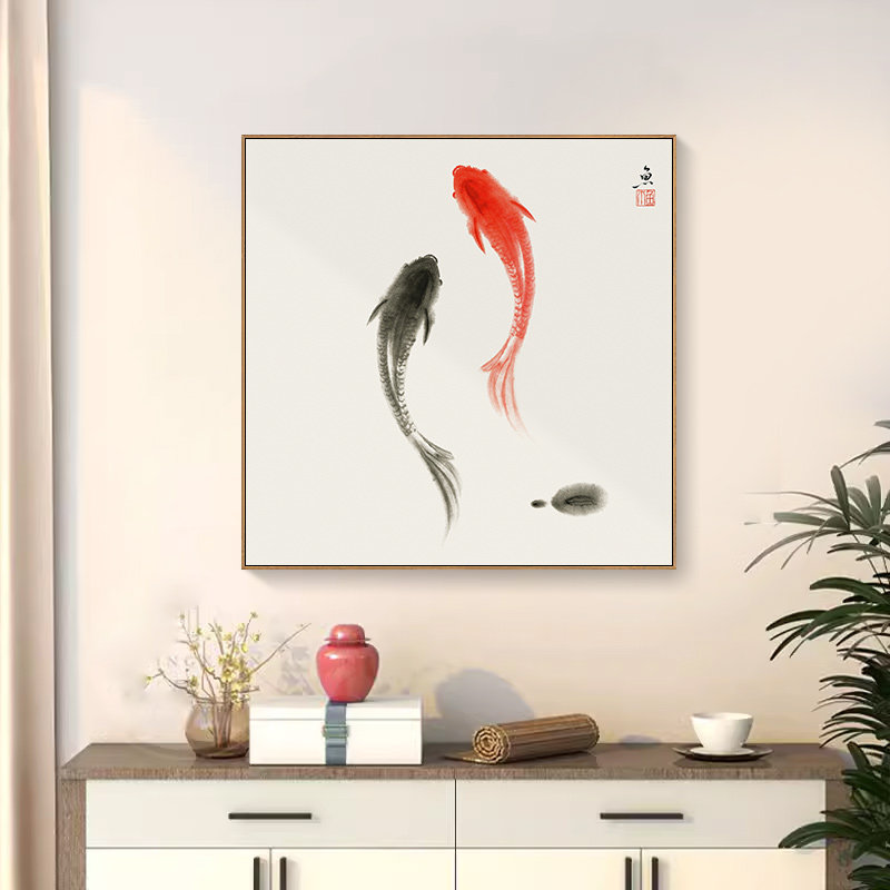 新中式九鱼图招财挂画玄门关风水挂墙装饰画鲤鱼镇宅正对门入户画