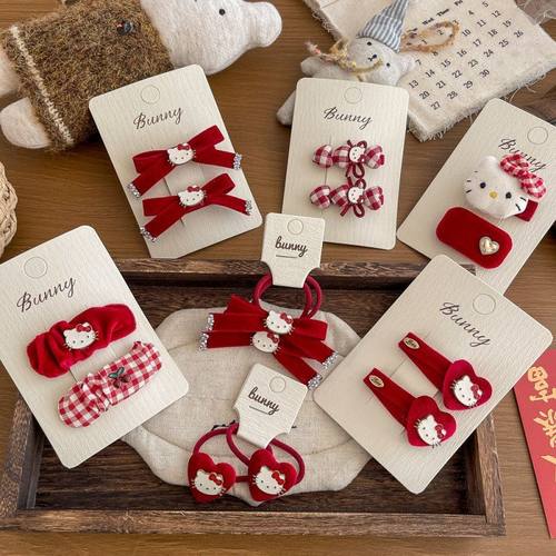 红色格纹kt猫蝴蝶结爱心发夹发圈