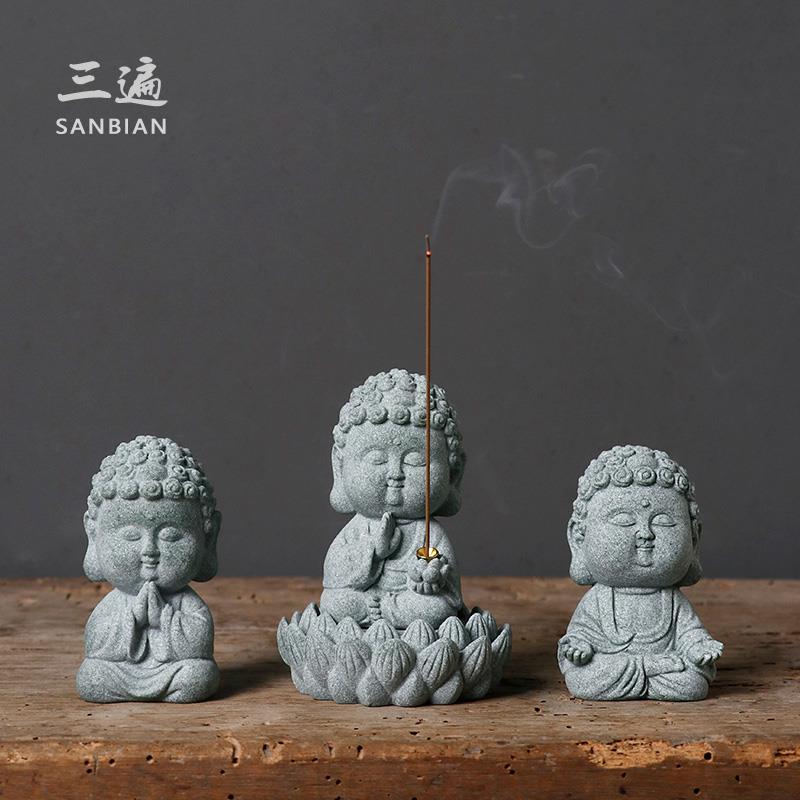禅意小如来佛像青砂石香炉香座摆件创意中式家用鱼缸造景桌面装饰