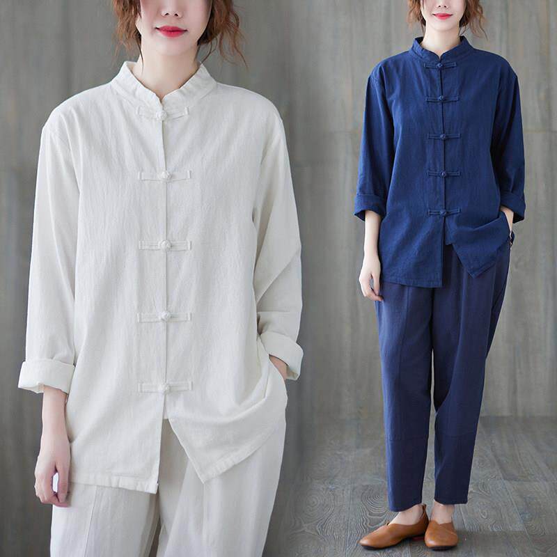 棉麻立领中式盘扣上衣春秋大码太极服禅意宽松大码外套亚麻茶服女