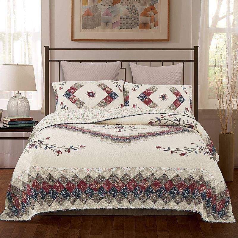 美式田园床品刺绣绗缝床盖纯棉床品三件套绗缝被外贸