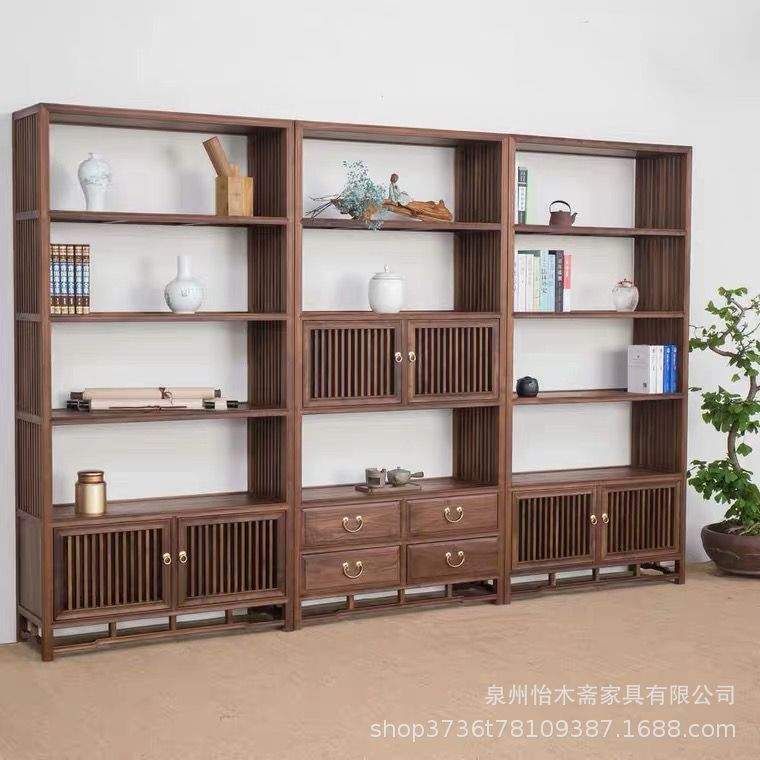新中式书柜实木茶室茶展示架古董陈列博古架书架组合禅意置物书柜