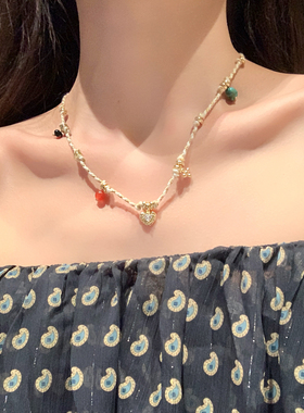 【我的脸很圆】夏日多巴胺彩色天然石项链撞色系编绳爱心吊坠项链