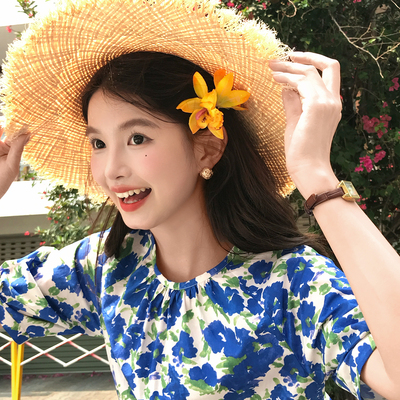 【我的脸很圆】甜美活力橙色花朵发夹氛围感拍照出片侧边发夹发饰