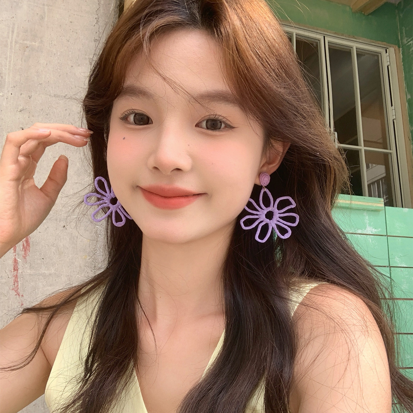 【我的脸很圆】梦幻紫色大花朵耳环小众设计温柔甜美少女清新耳饰
