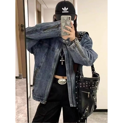 欧洲站美式短款牛仔外套男女高级感痞帅发型师潮牌情侣装立领牛仔