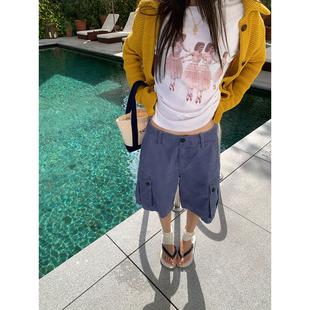 中裤 重磅水洗复古蓝紫色宽松大口袋时髦五分裤 小蓝莓