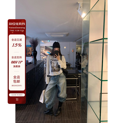 牙套大汪【早安莫妮卡】冬季内搭韩女爱穿*印花字母圆领宽松长袖t